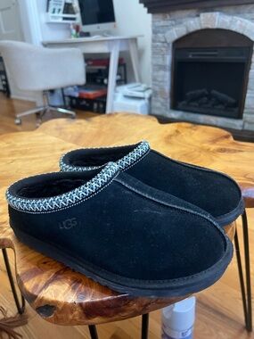 UGG Tasman Black Suede Slip-On Mule with Woven Trim